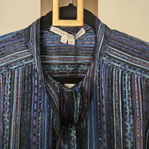 Veronica Beard Navy Malaya Mixed Stripe Tie Silk Button Down Blouse NWT Size 10 - Picture 5 of 14